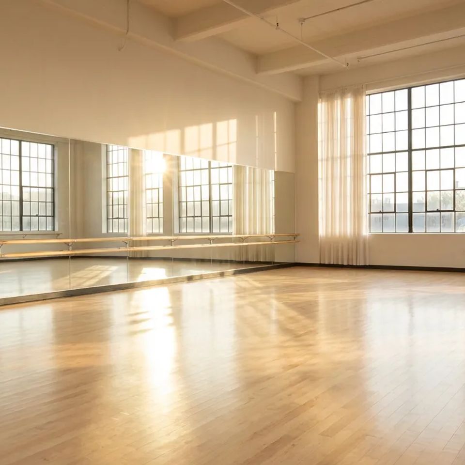 Bright, spacious professional dance studio featuring clean hardwood floors, wall-to-wall mirrors, and ballet barres illuminated by natural sunlight.