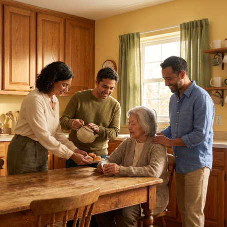 Family gathered in a kitchen caring for an elderly loved one