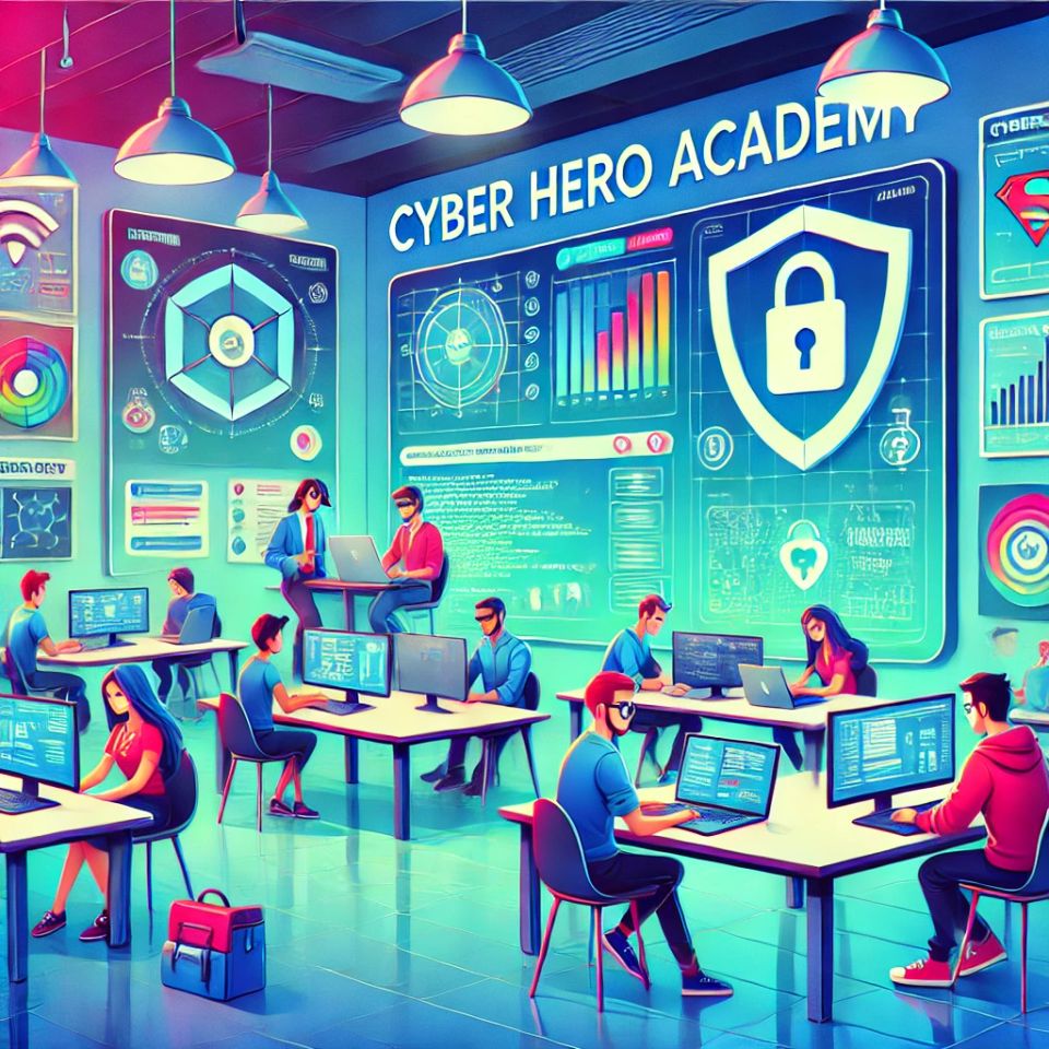 Dall·e 2024 10 01 13.39.45   a vibrant 2d animated illustration representing a 'cyber hero academy'. the scene features a modern  high tech classroom setting with students engaged