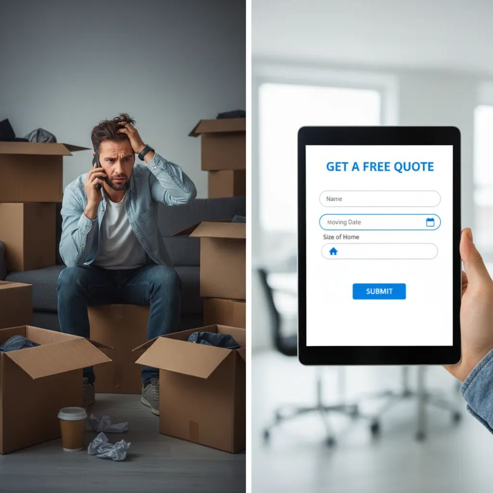 Split screen showing a stressed man amidst moving boxes versus a clean, simple digital quote form on a tablet.