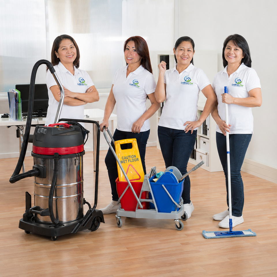 The LeBron Pro Janitorial and Home Care team in uniform, providing professional cleaning services in Roseville, Rocklin, and Lincoln.