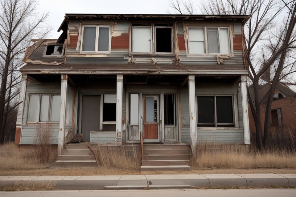 The outside of an abandoned house in denver colorado from the year 2012