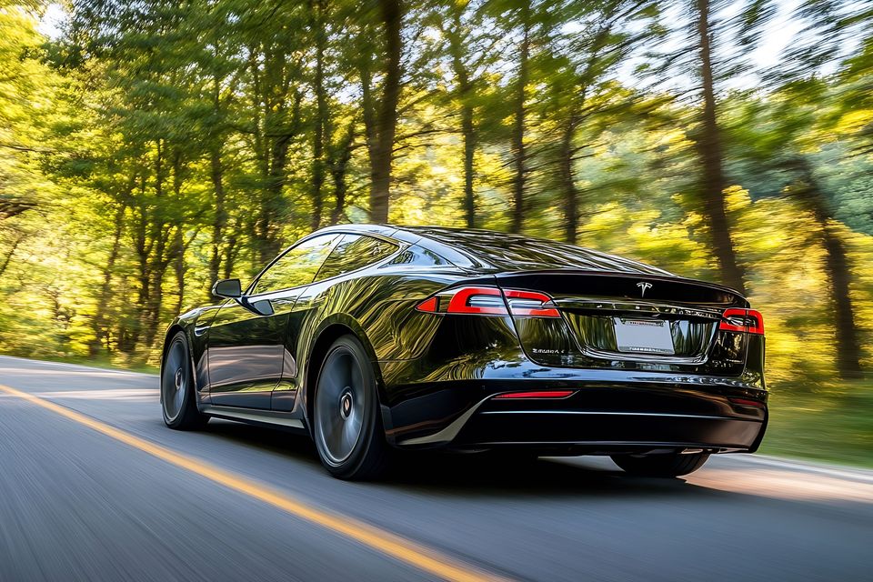 Black tesla ev car driving through scenic forest roadway 55219022 min original