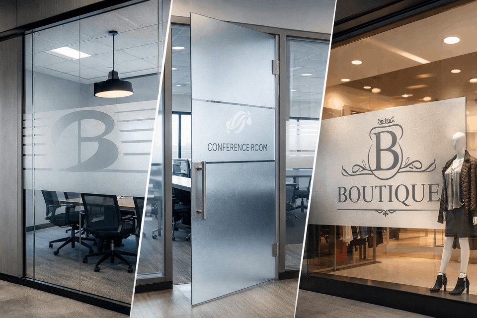 Decorative frosted window film used in conference rooms, office glass, and retail storefronts in Sugar Land, TX