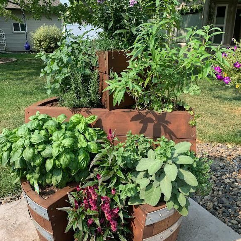 Custom tiered wine barrel for plants in Meridian Idaho