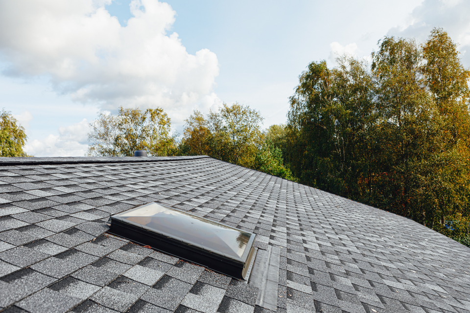 Gray architectural asphalt shingle roof with a professionally installed skylight that enhances natural light and weather protection.