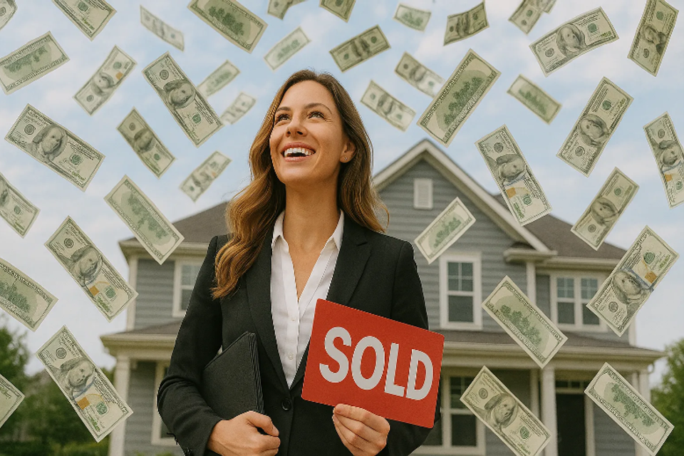 Realtor holding SOLD sign in front of house while money falls from the sky, symbolizing a high-value real estate sale and strong closing results.
