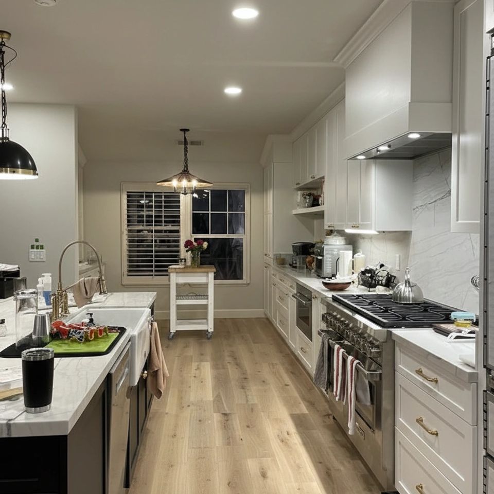 Modern european oak hardwood installation in a light filled home  showcasing high end materials and professional trim work.