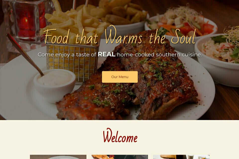 website preview of a soul food restaurant called Big Mama's southern cuisine on a desktop computer