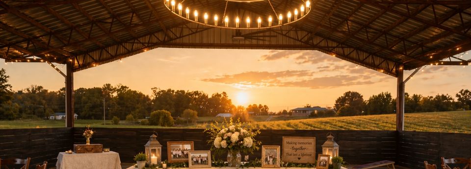 open-air wedding venue with chandelier at Grace Ridge farm