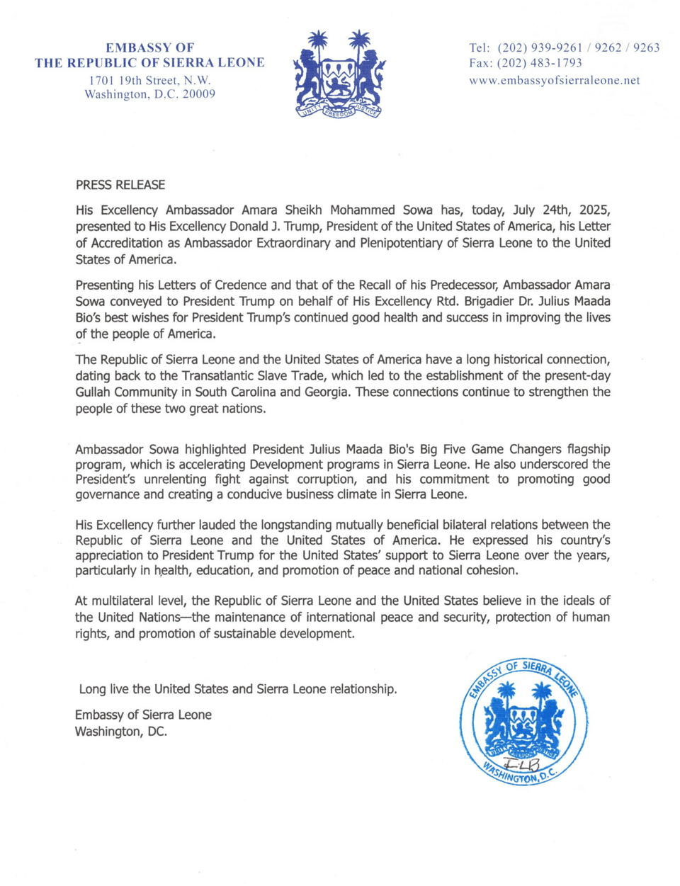Press release on the presentation of letters of cr 250725 090529 1