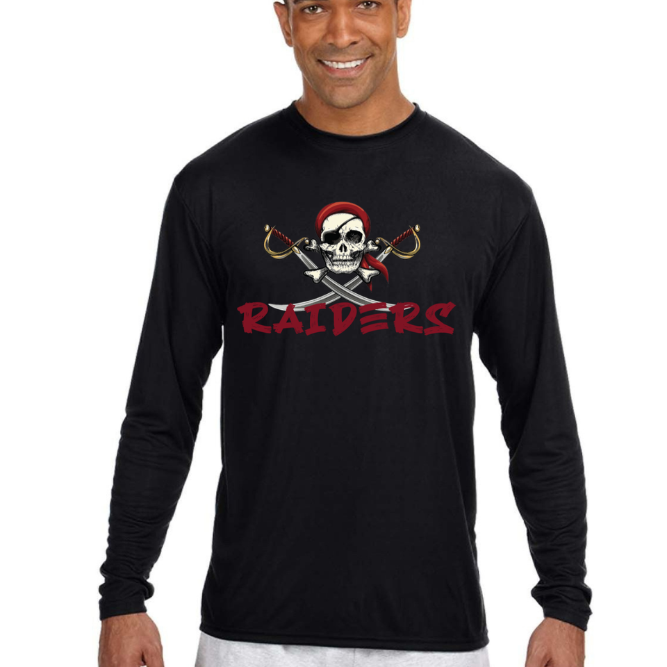 Black long sleeve shirt with a pirate skull, crossed swords, and red Raiders lettering on the front.