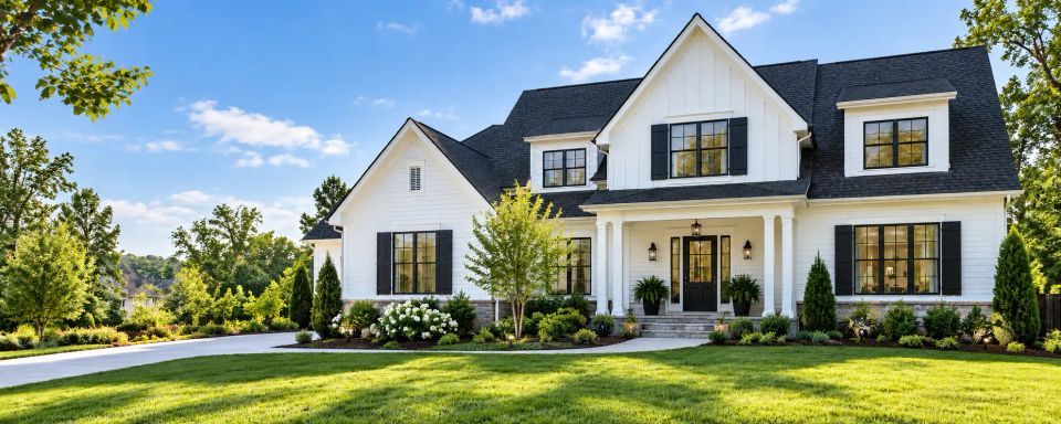 Residential home with freshly painted white siding and a dark charcoal roof and shutters.
