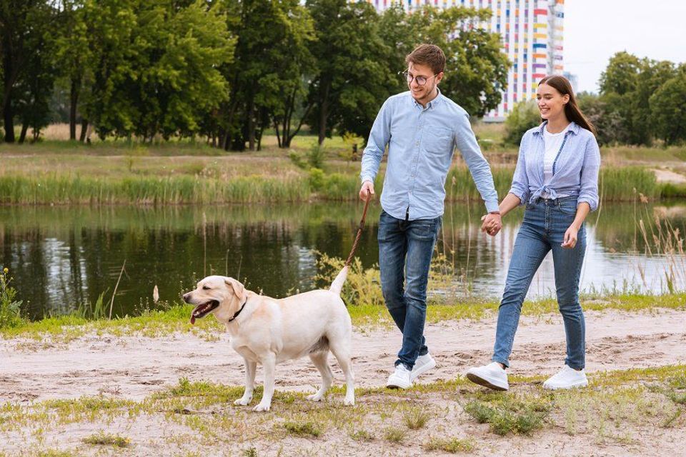 Patients happy with dog after returning to their healthcare provider