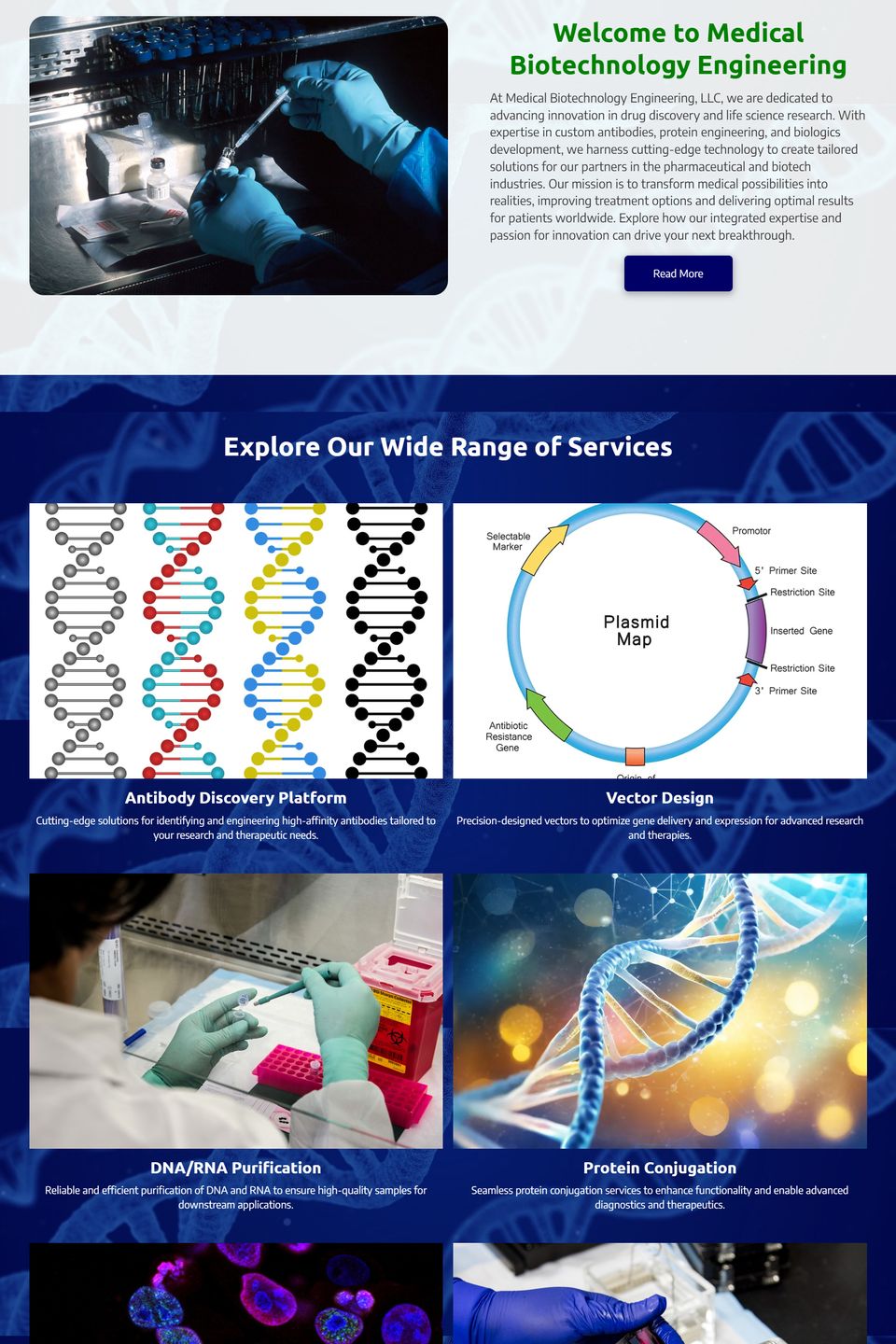 Full-page view of Medical Biotechnology Engineering website at FITCI in Frederick Maryland displaying biotech service offerings like antibody discovery and RNA purification.