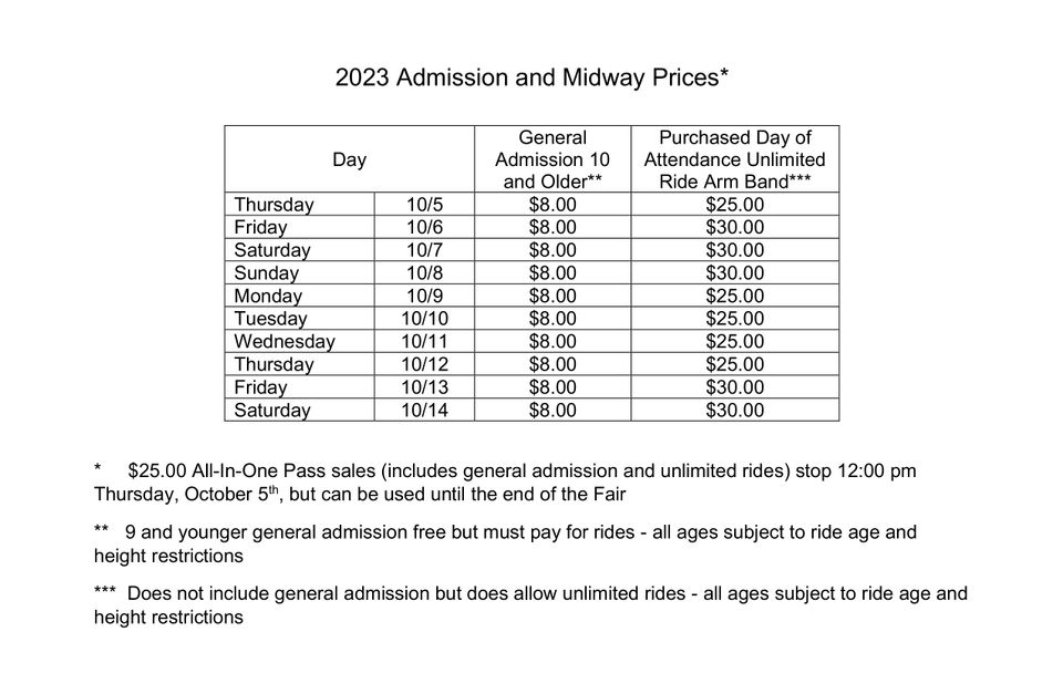 Fair admission arm band and ticket prices 2023