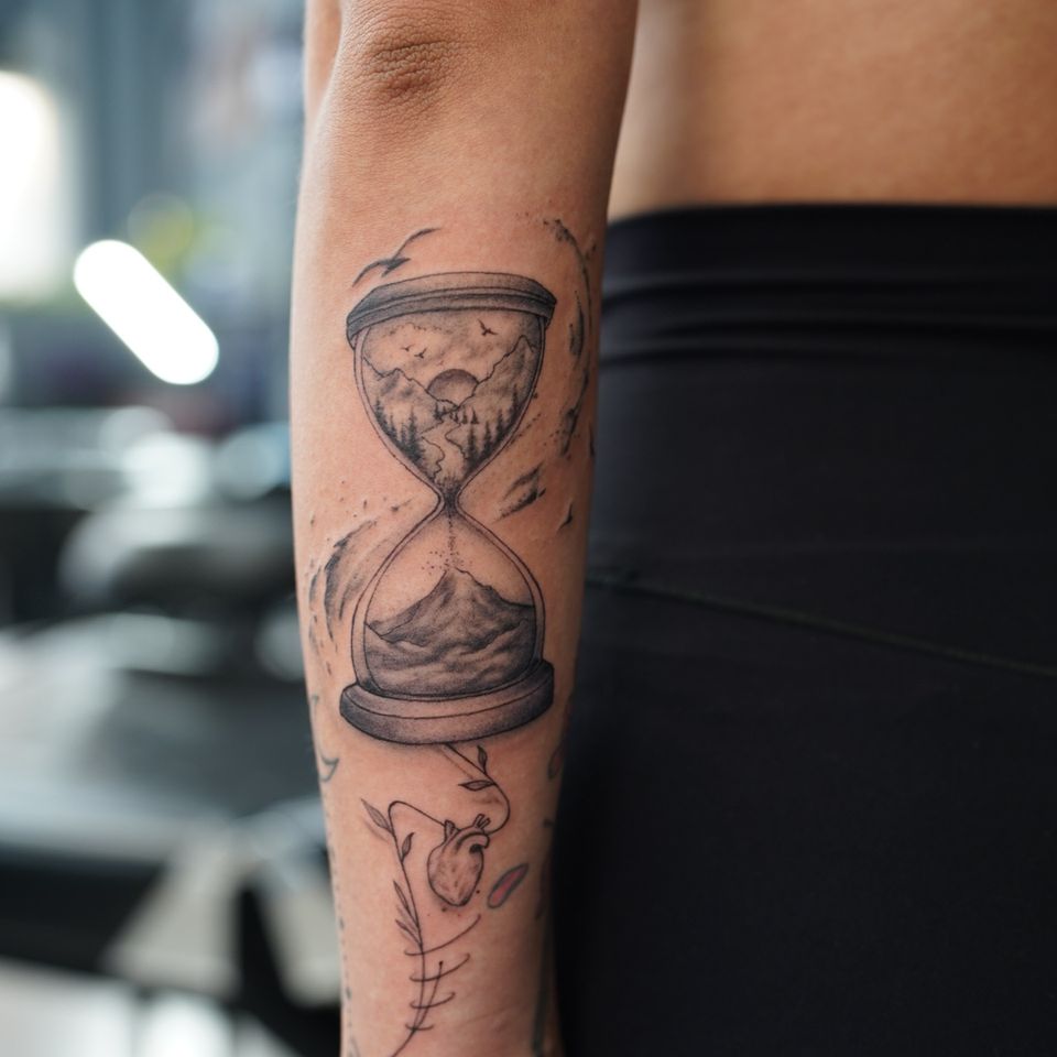 Image of an hour glass tattoo in black and grey that appears to be showing to build a reality you must first destroy a reality, excellent detail outside the hourglass as well