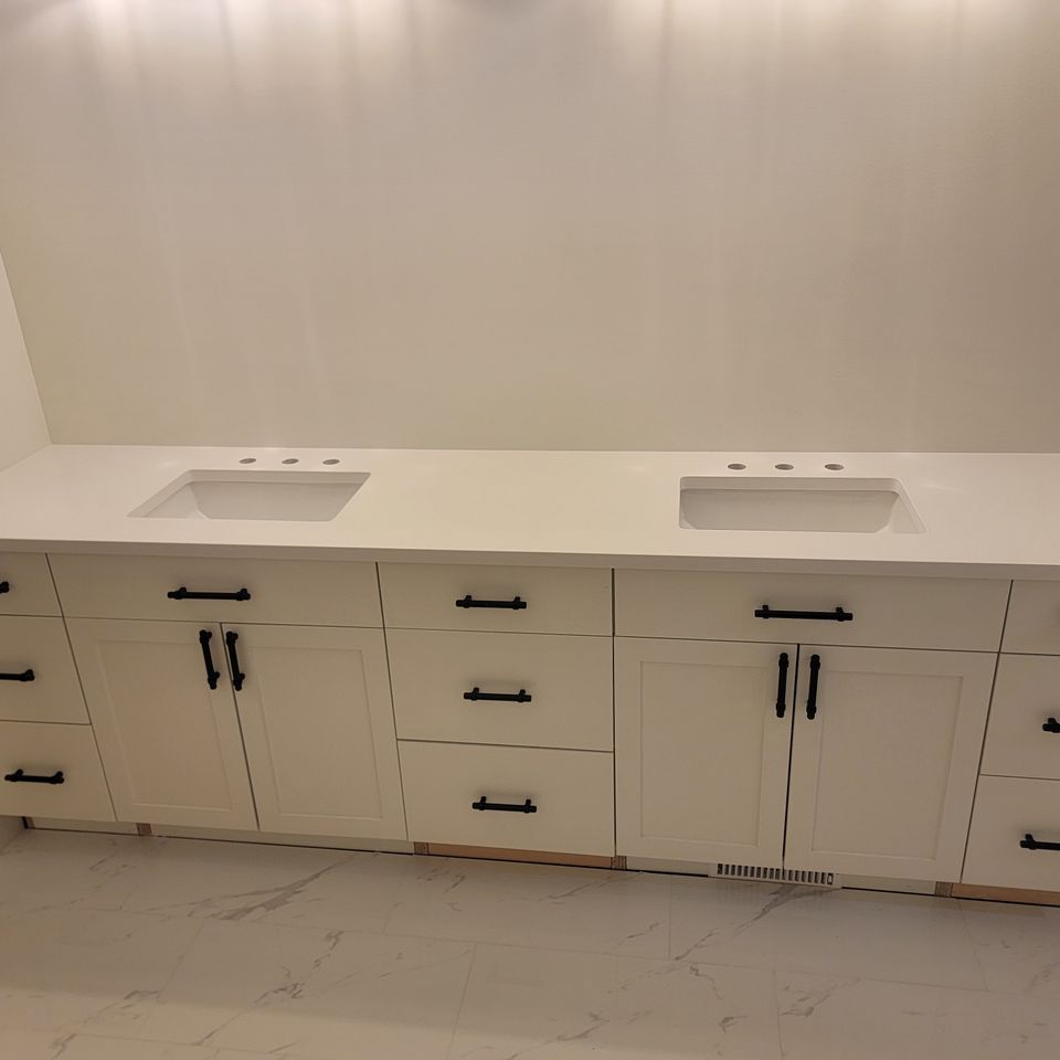 White double sink bathroom countertop setting