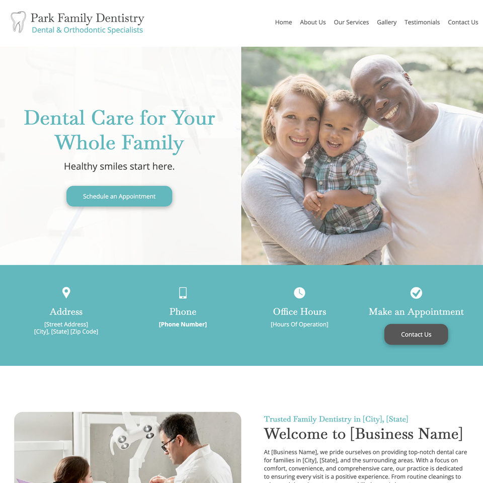 Family dentist website design theme