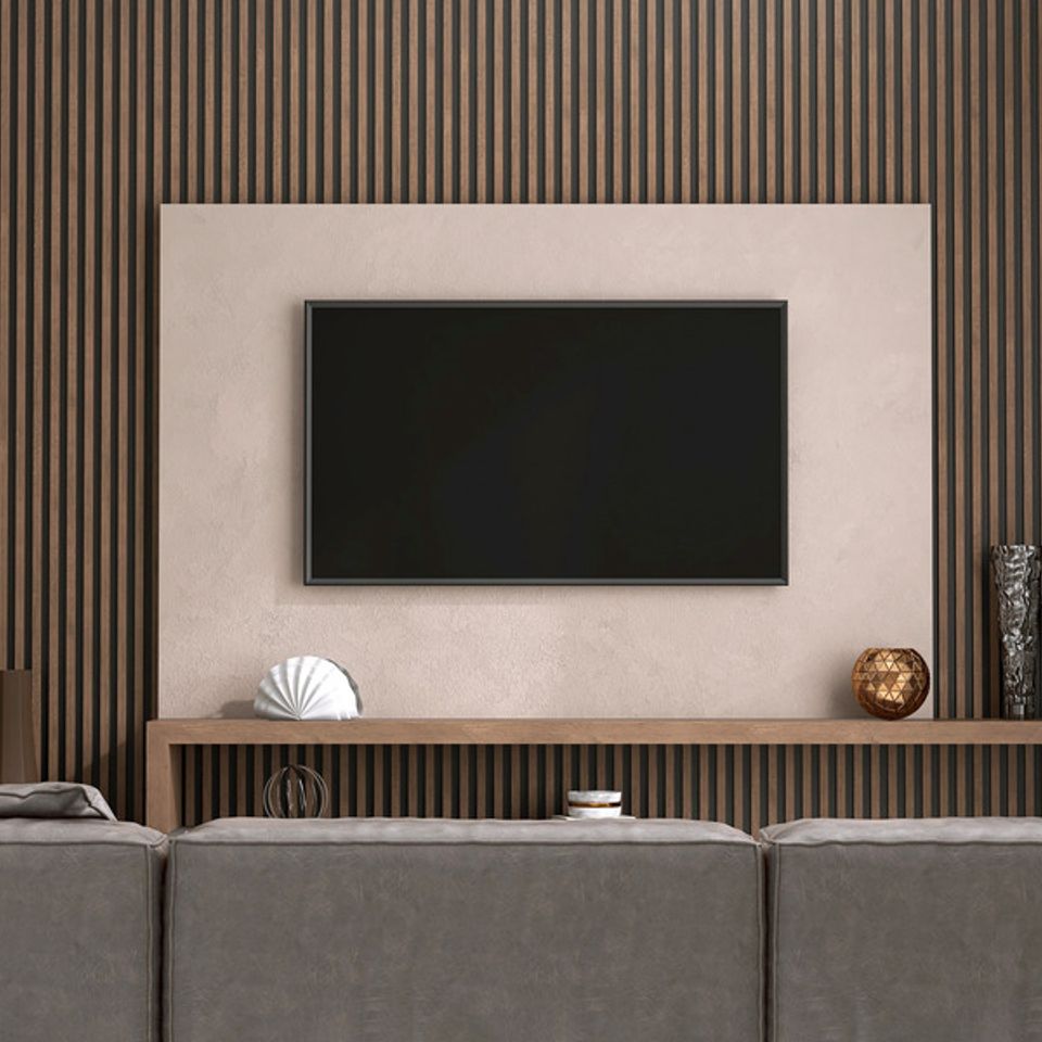 Dark slat wall behind tv