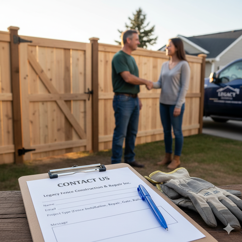 Legacy Fence Construction contact form and handshake after residential fence installation