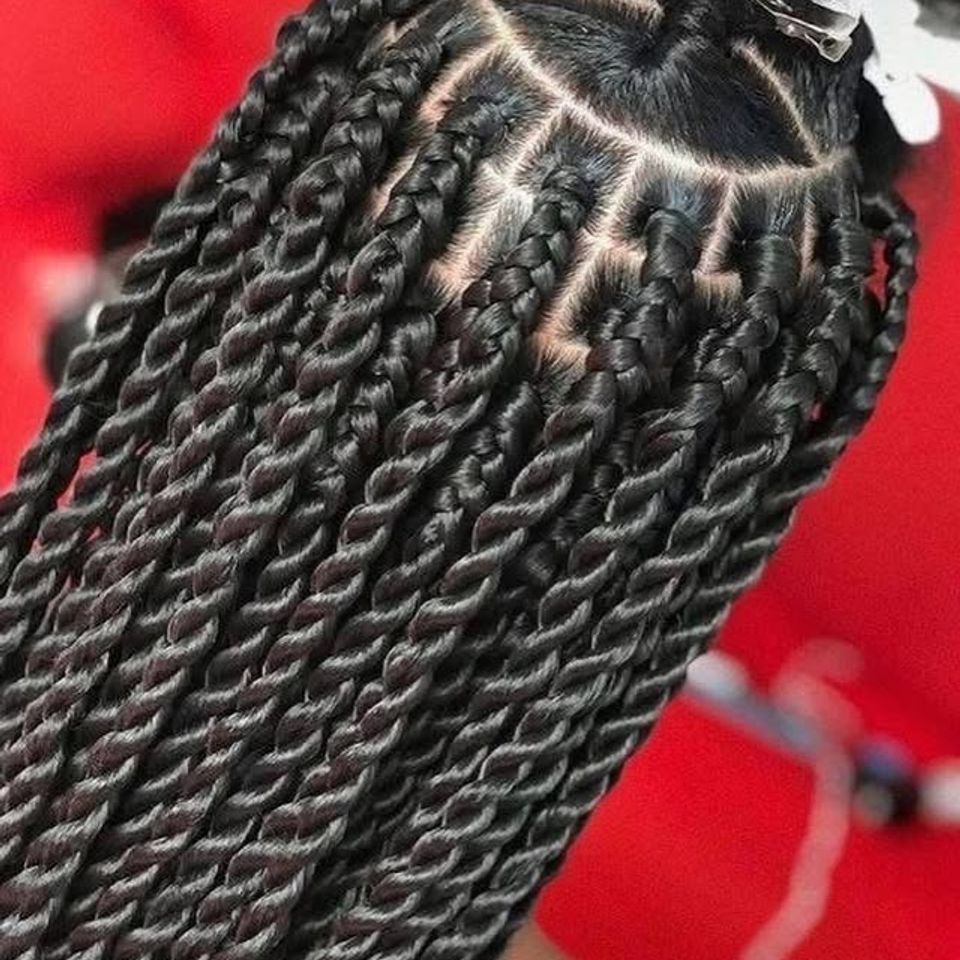Close up of neatly parted black Senegalese rope twists after a braiding service in Los Angeles CA