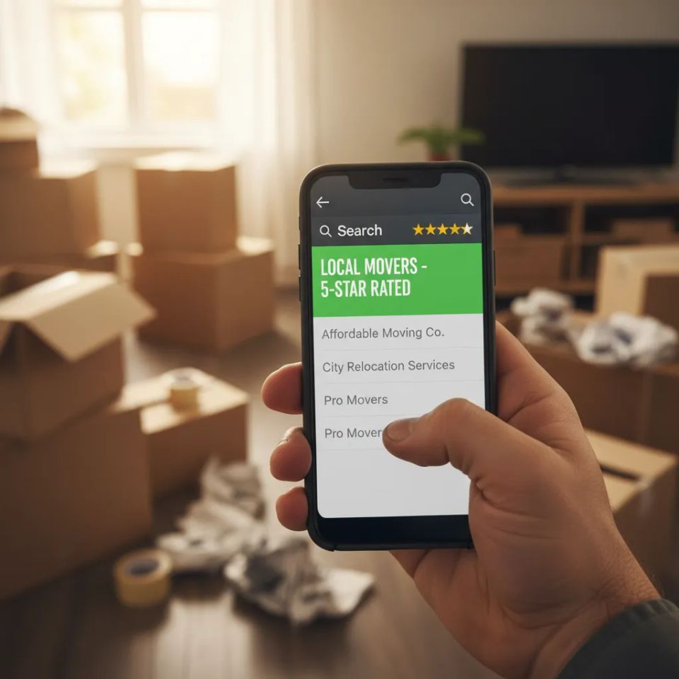 First-person view of a hand holding a smartphone searching for 'Local Movers' with 5-star ratings visible.