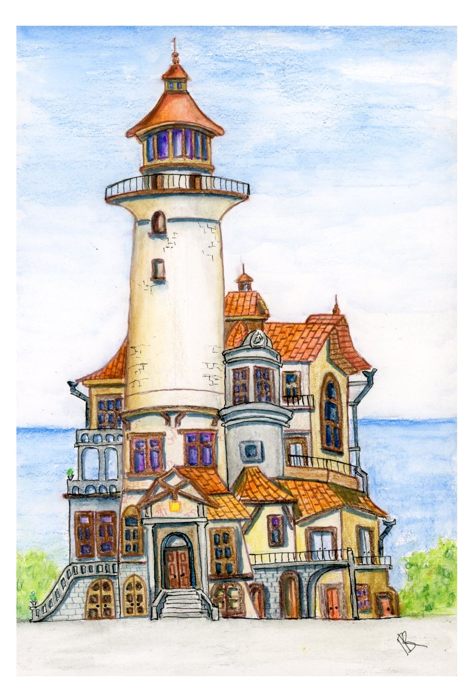 Watercolor drawing of a lighthouse standing on a sandy beach, surrounded by gentle waves and a clear blue sky.