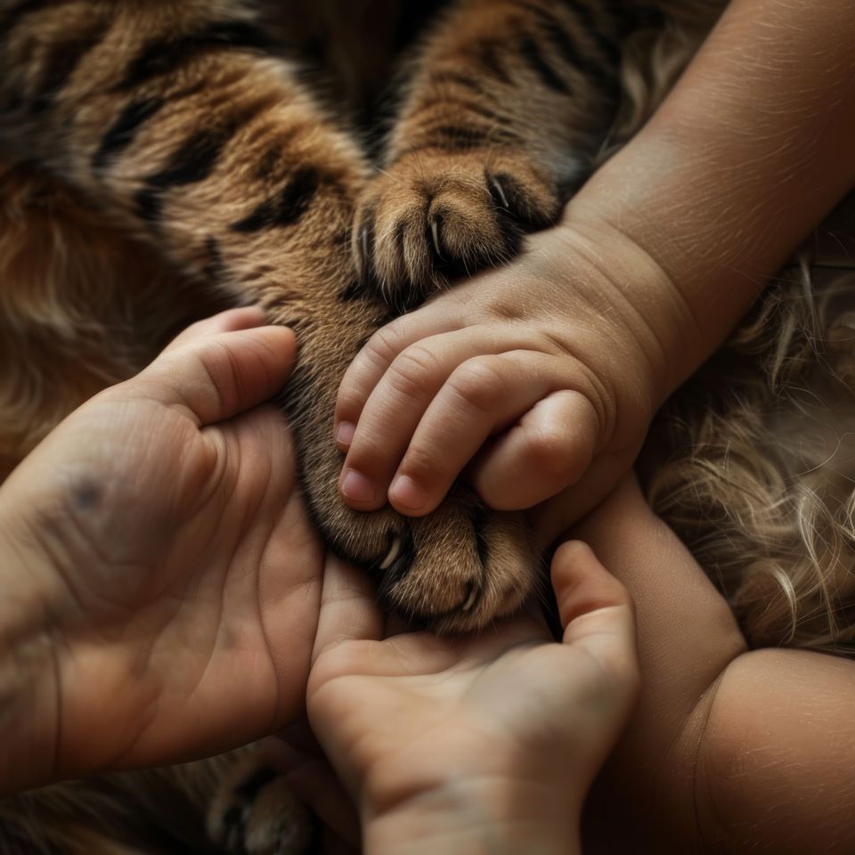 Hands family furry paw cat as team fighting animal rights helping animals