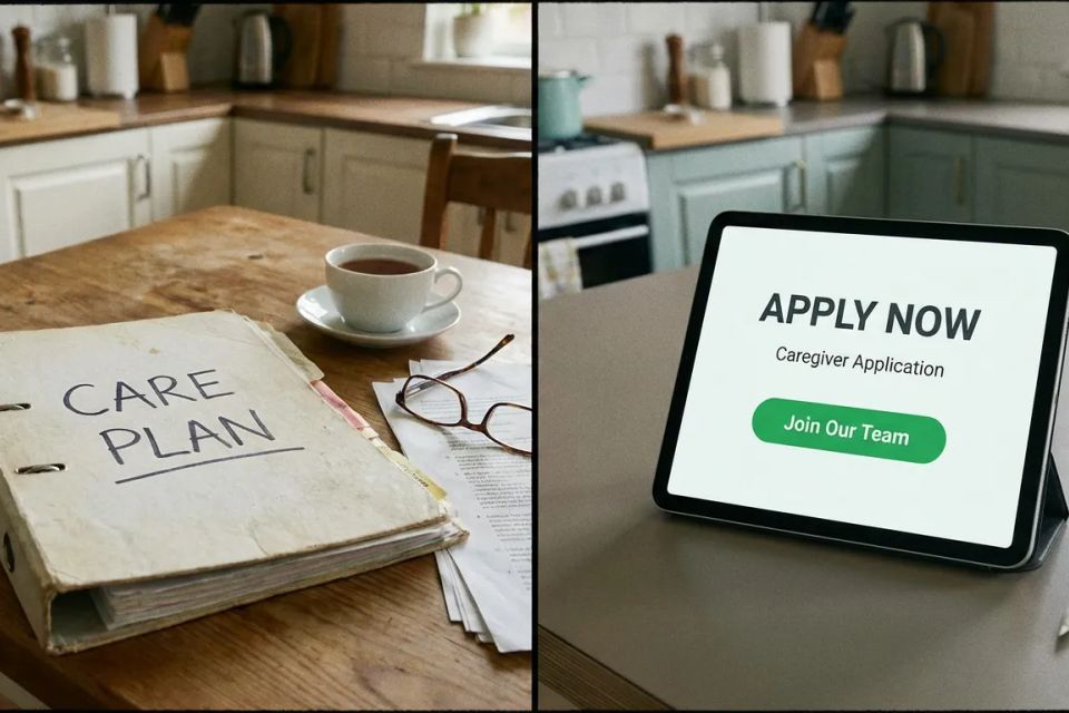 Comparison of outdated paper files versus modern digital caregiver application portal on tablet for senior care staffing."
