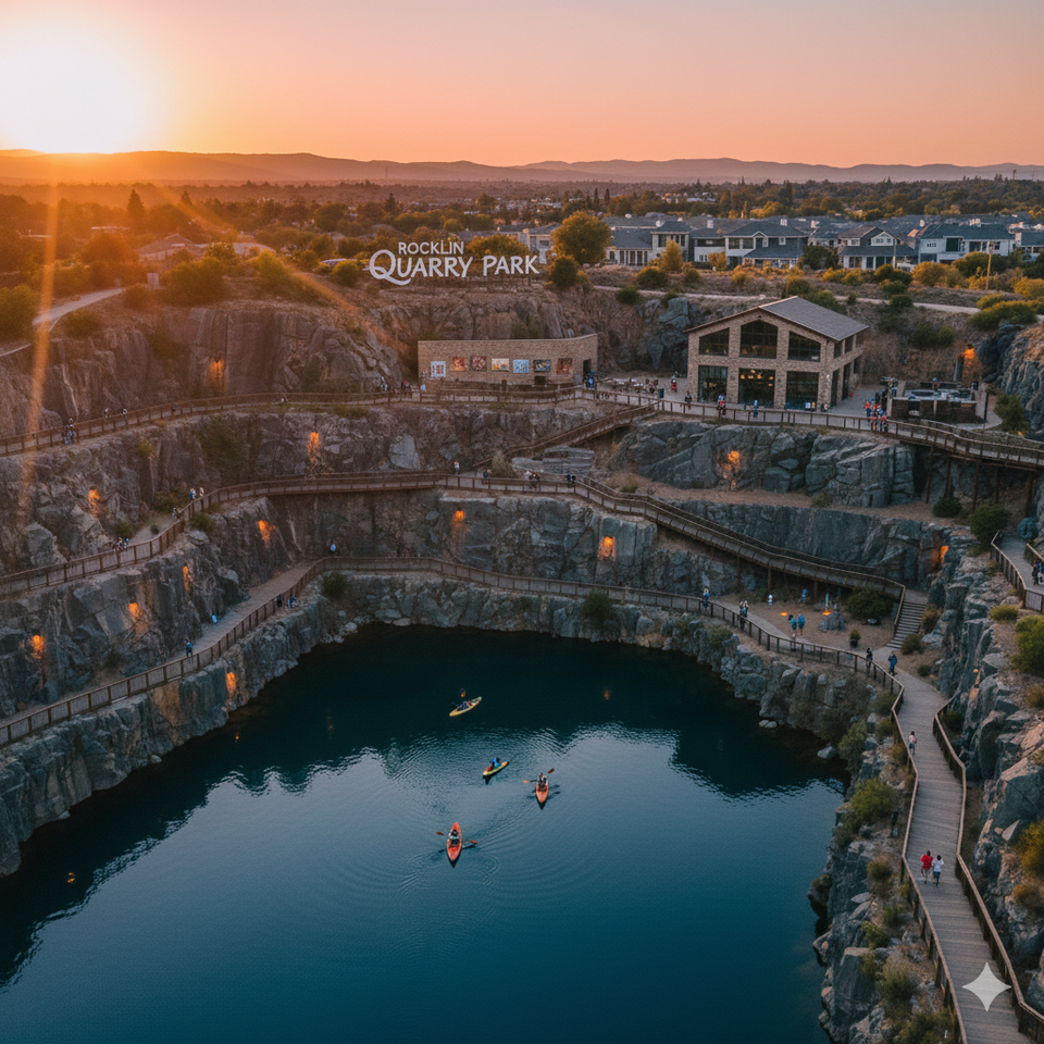 Drone shot of Rocklin CA Quarry Park with illuminated walkways and lake