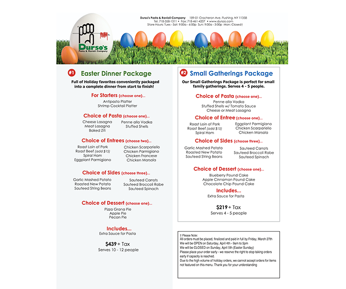Dursos easter menu