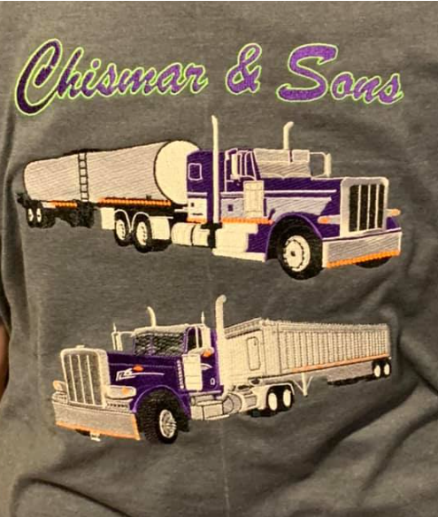 Custom embroidered shirt displaying Chismon & Sons branding with two detailed purple and white semi-truck designs.