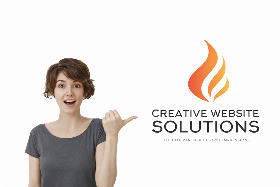 Woman pointing to creative website solutions logo