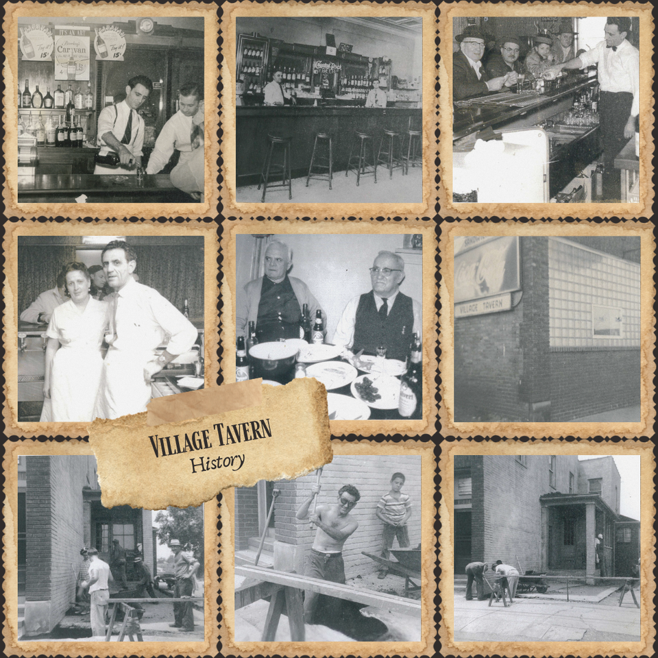 Vintage photo collage of bartenders, customers, and the original Village Tavern building