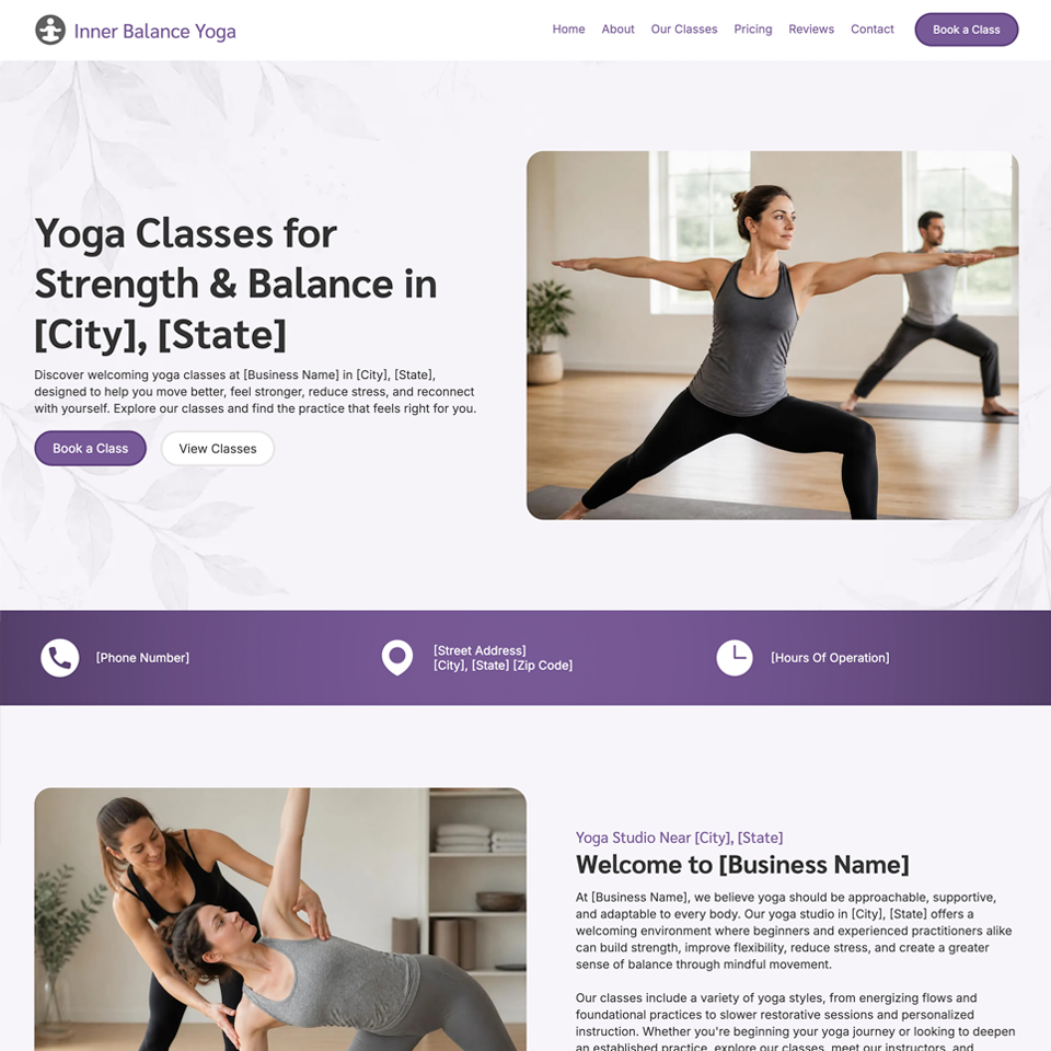 Yoga classes website design theme