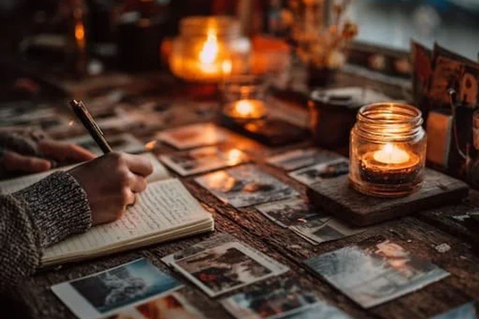 Person journaling amongst candles- cozy cabin feel 