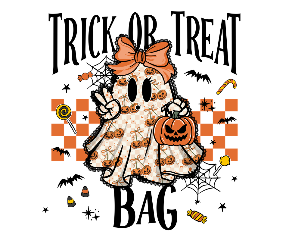 Bag   halloween trick or treat bag with orange checks and girl ghost