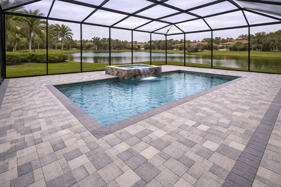 paver pool deck with screen enclosure GOGREEN Outdoor Pros