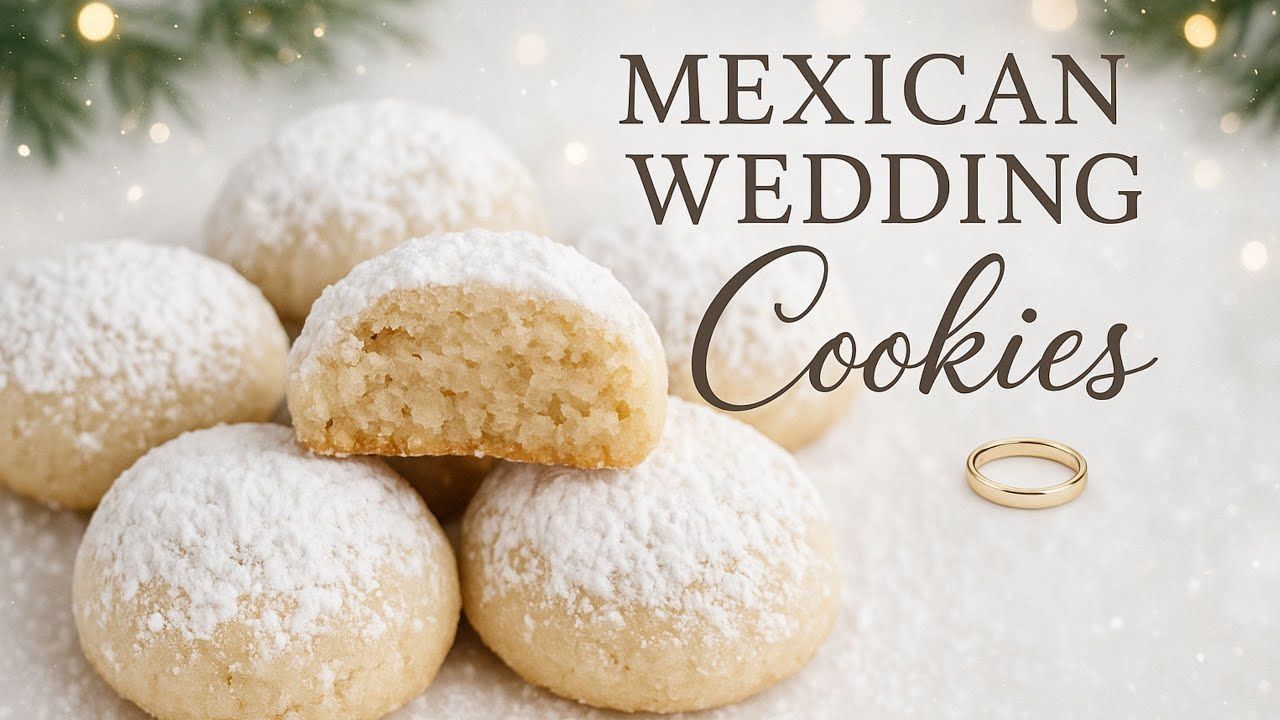 Traditional Mexican wedding cookies on a plate, dusted with powdered sugar.
