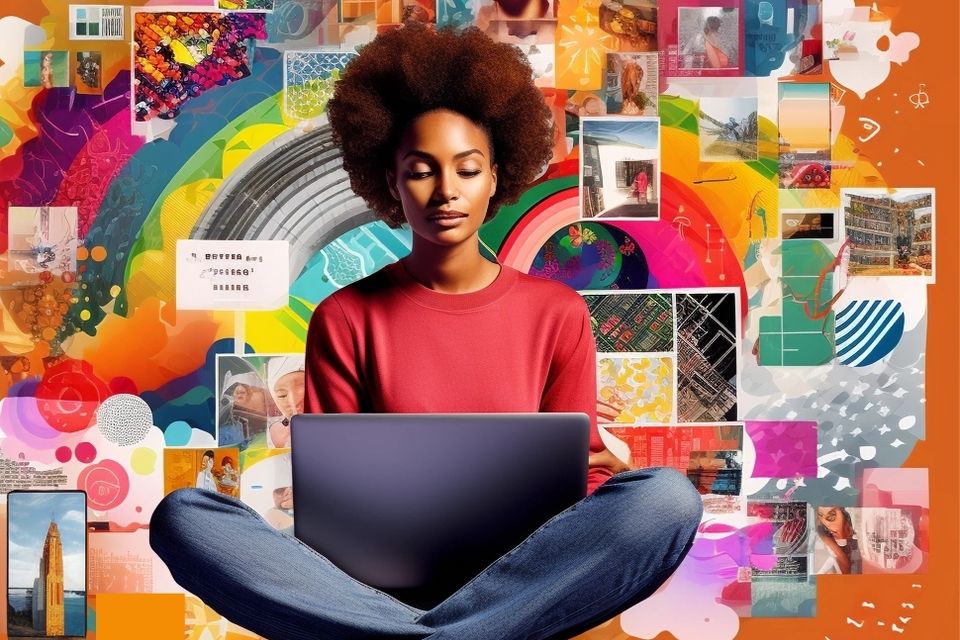Colorful collage of different trendy images with a woman sitting in the middle, using a laptop. Concept of social media marketing.