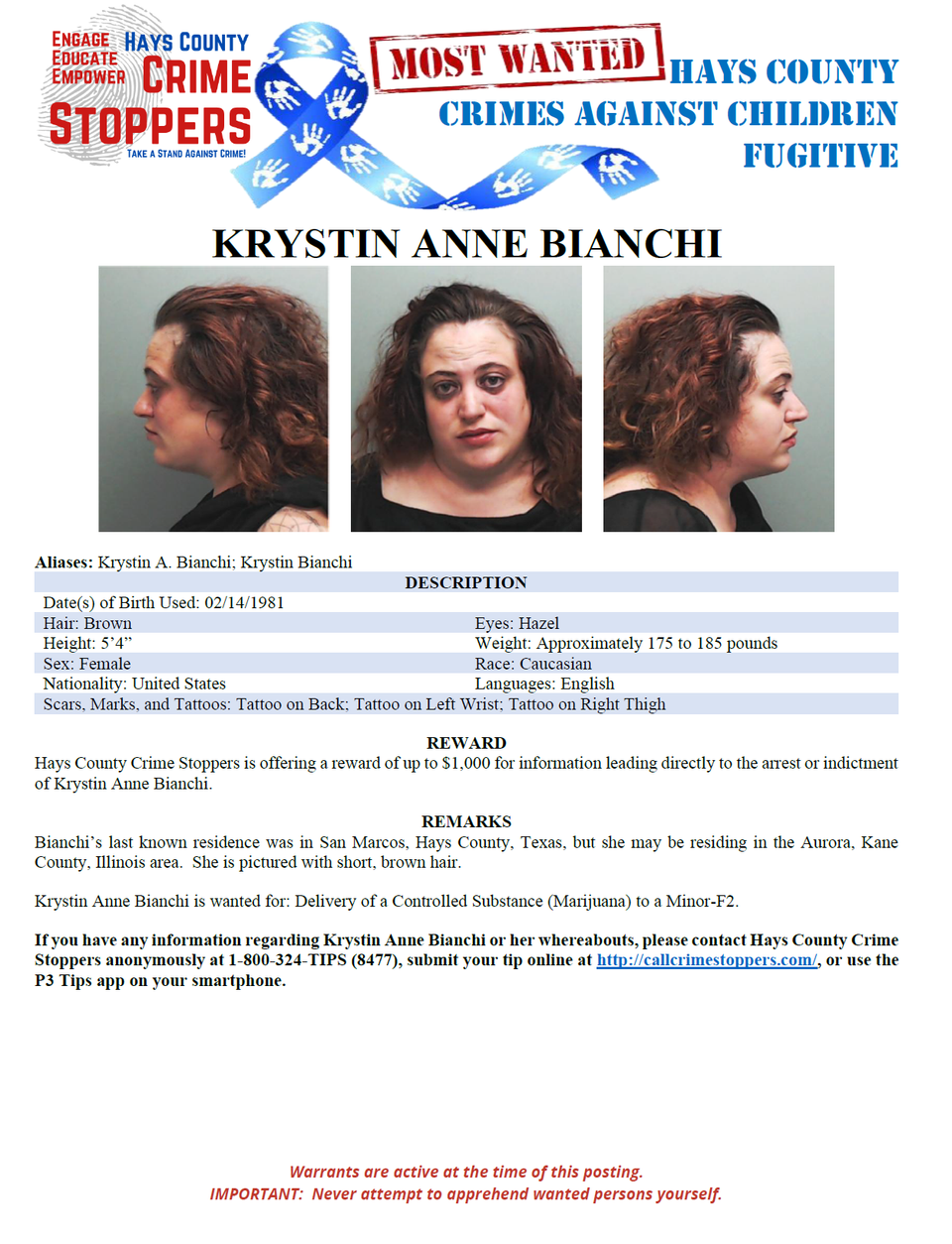 Bianchi most wanted poster