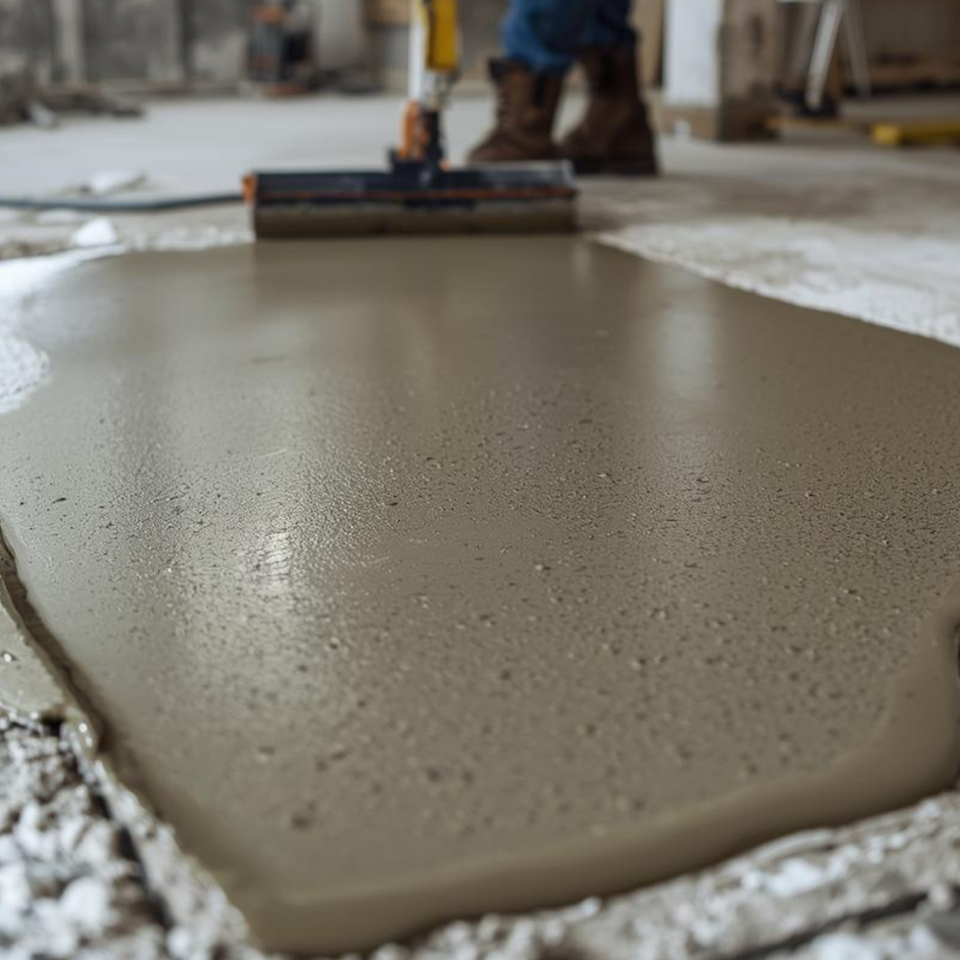 Worker smoothing freshly poured concrete with a finishing tool.