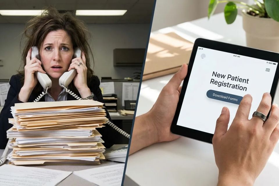 Split screen comparison showing a stressed receptionist on the phone versus a streamlined digital new patient registration process on a tablet.