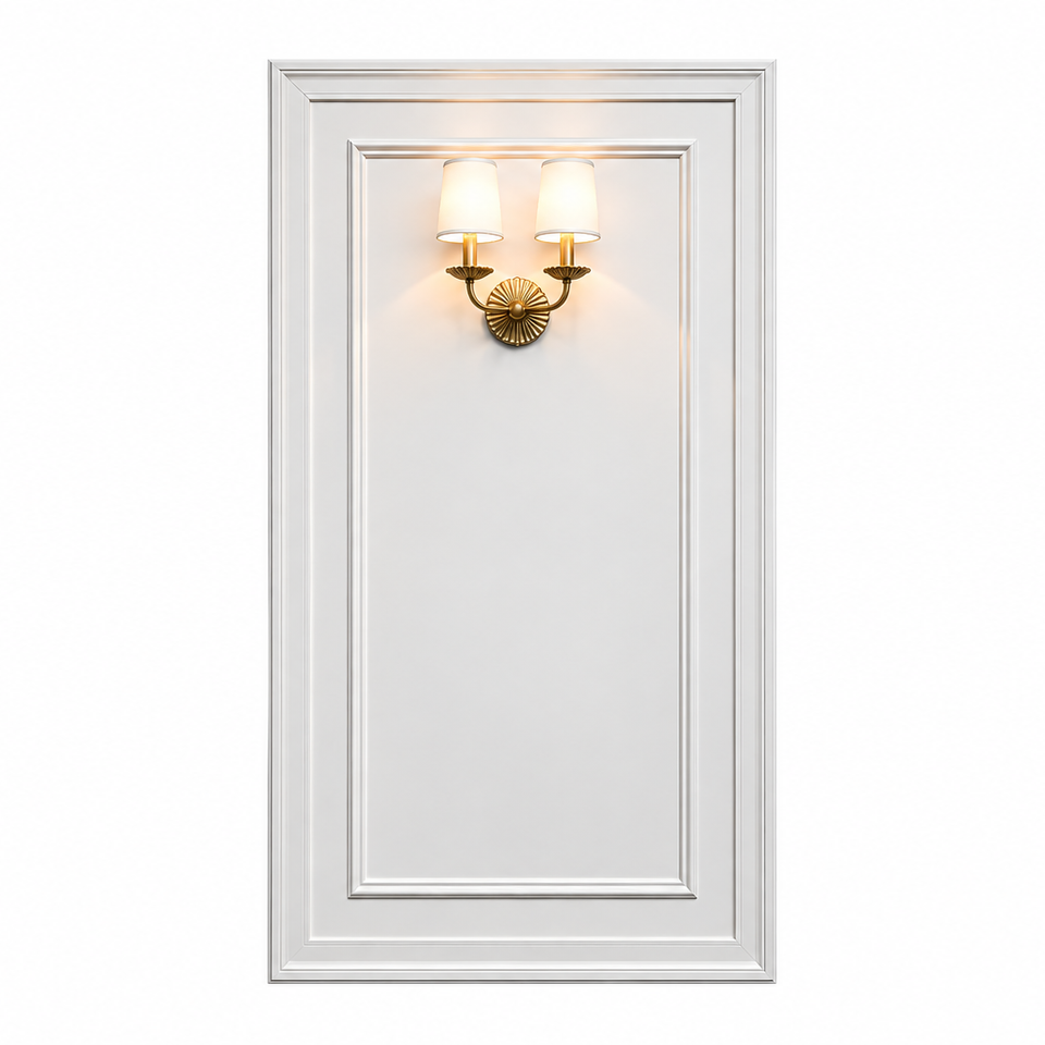 Elegant white paneled wall with brass sconce