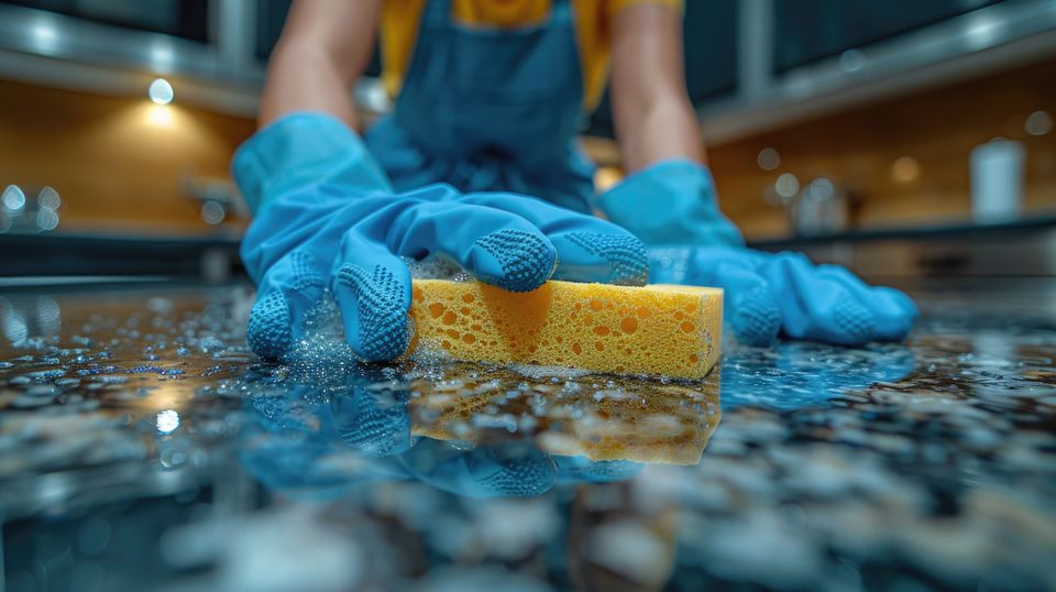 Person in blue gloves cleaning counter top closeup 49151839 min