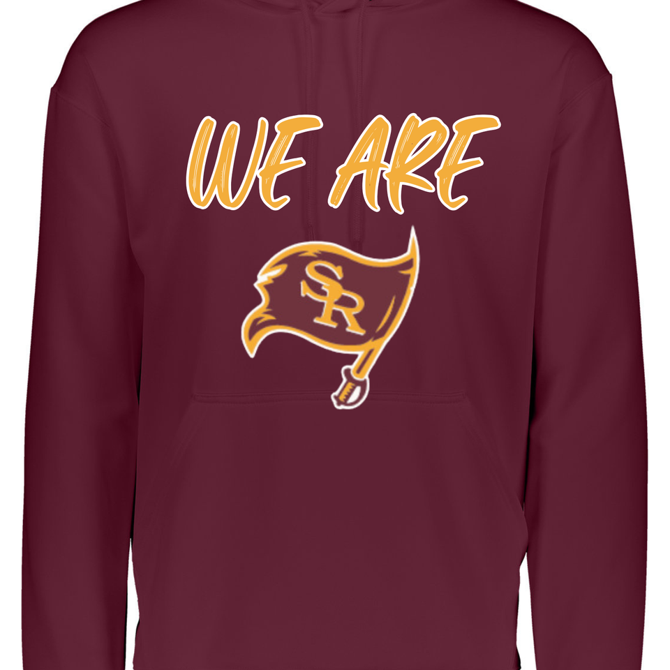 Maroon South Range Raiders hoodie with “We Are” lettering and the SR flag logo printed on the front.