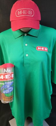 Embroidery Example - HEB logo on green polo, HEB rhinestone bling logo on cap. 