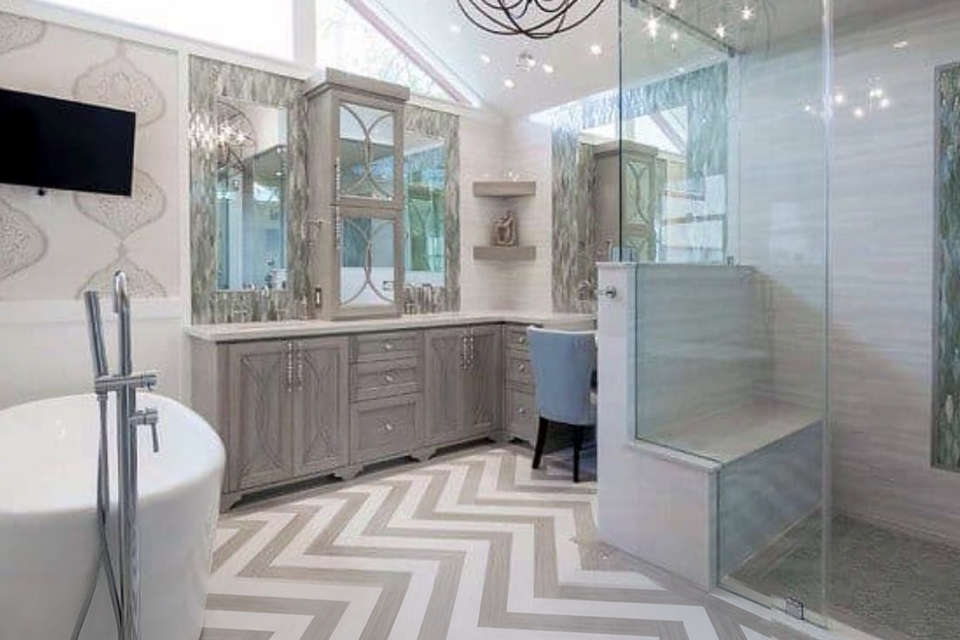Luxury bathroom glass shower chevron floor