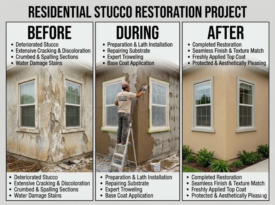 Before during and after residential stucco restoration project showing damaged stucco, repair process, and completed exterior finish